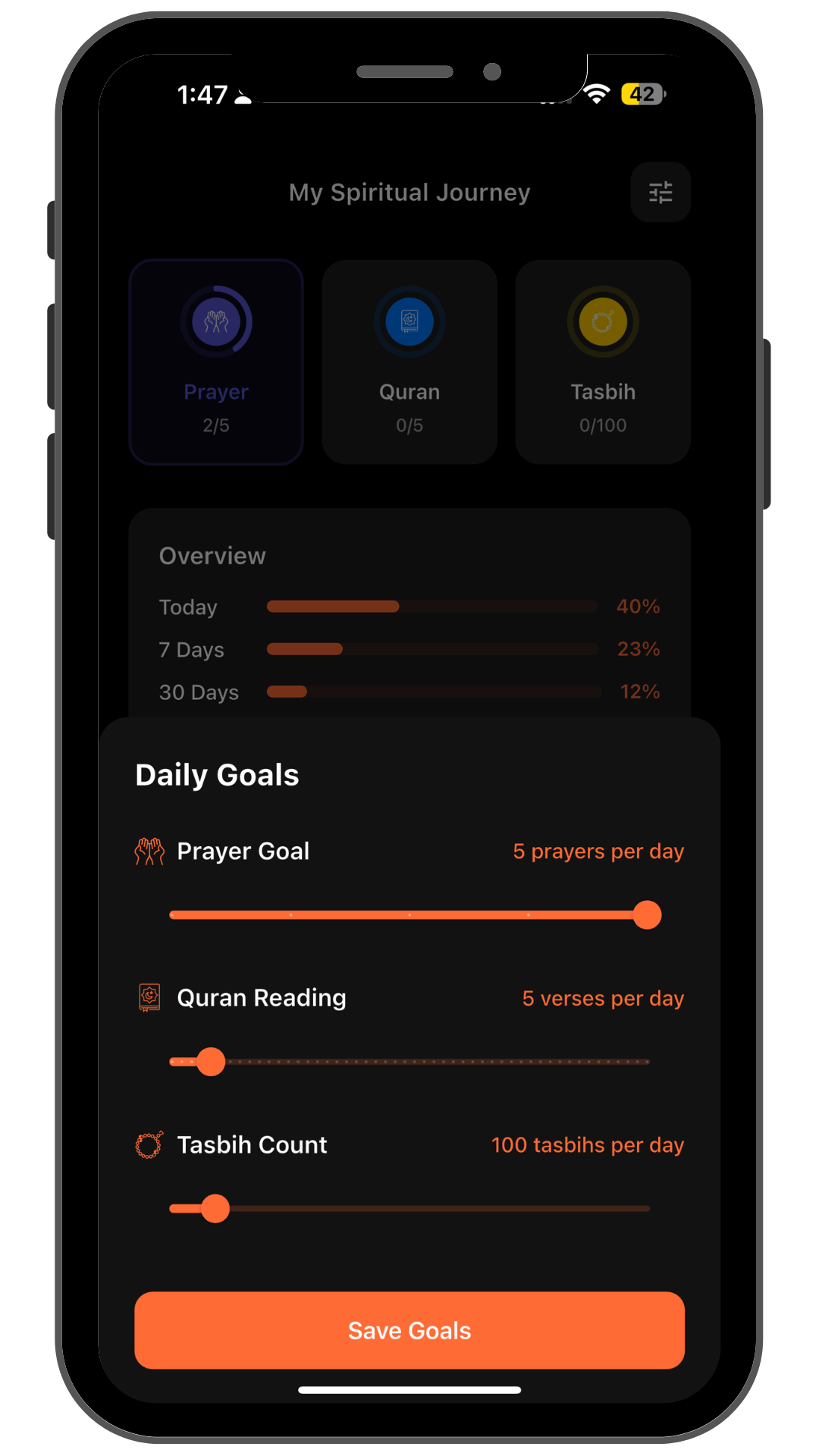 Set Your Own Goals with Complete Privacy - Dark theme